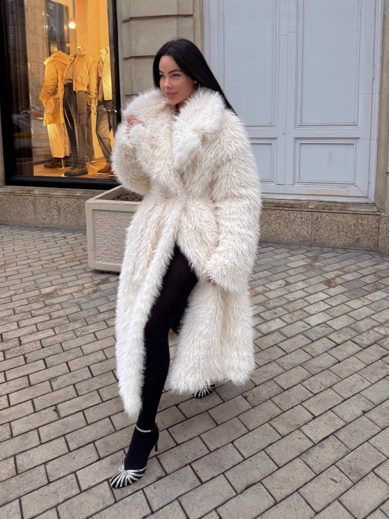 Women's Mid-Length Faux Fur Jacket with Oversized Fit and Open Front Design 1
