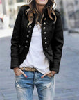 Women's Military Jacket with Button Front and Epaulettes – Structured Hip Length Coat 1