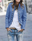 Women's Military Jacket with Button Front and Epaulettes – Structured Hip Length Coat 2
