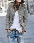 Women's Military Jacket with Button Front and Epaulettes – Structured Hip Length Coat 3