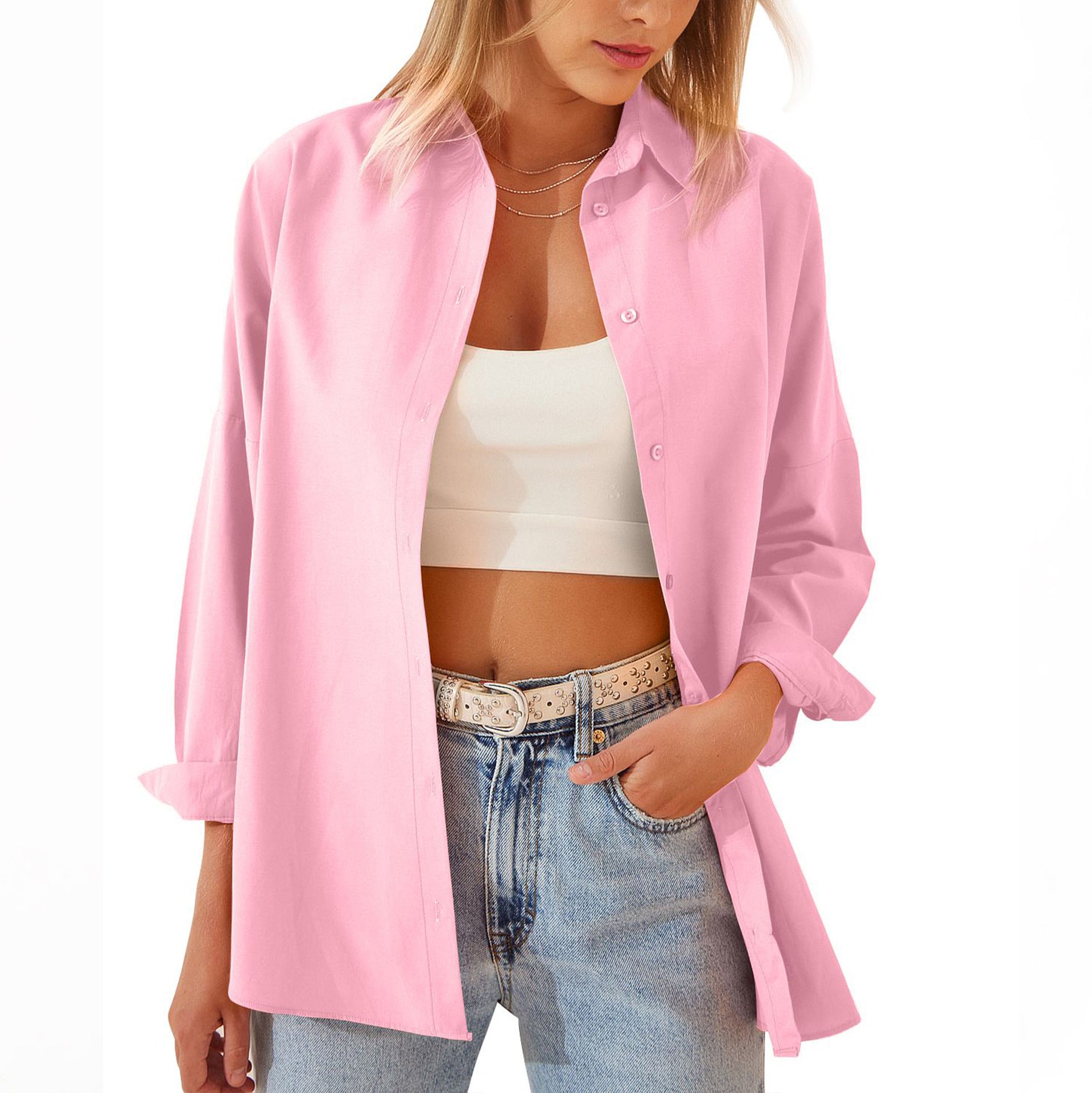 Women's Oversized Button-Down Shirt with Rolled Sleeves – Casual Long Sleeve Top in Lightweight Cotton-Blend 0