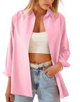 Women's Oversized Button-Down Shirt with Rolled Sleeves – Casual Long Sleeve Top in Lightweight Cotton-Blend 0