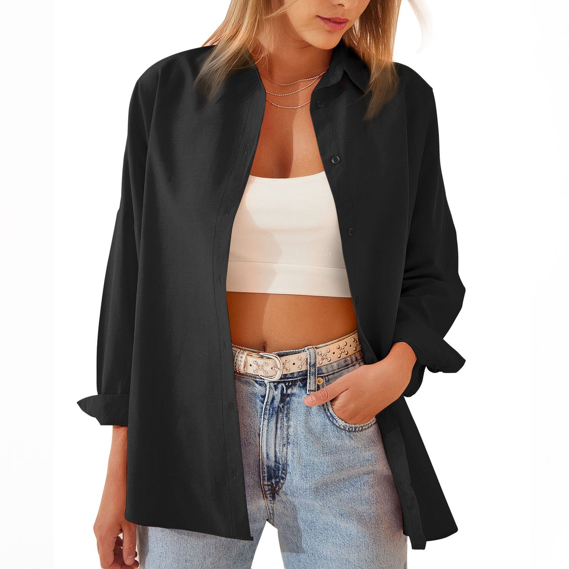 Women's Oversized Button-Down Shirt with Rolled Sleeves – Casual Long Sleeve Top in Lightweight Cotton-Blend 1