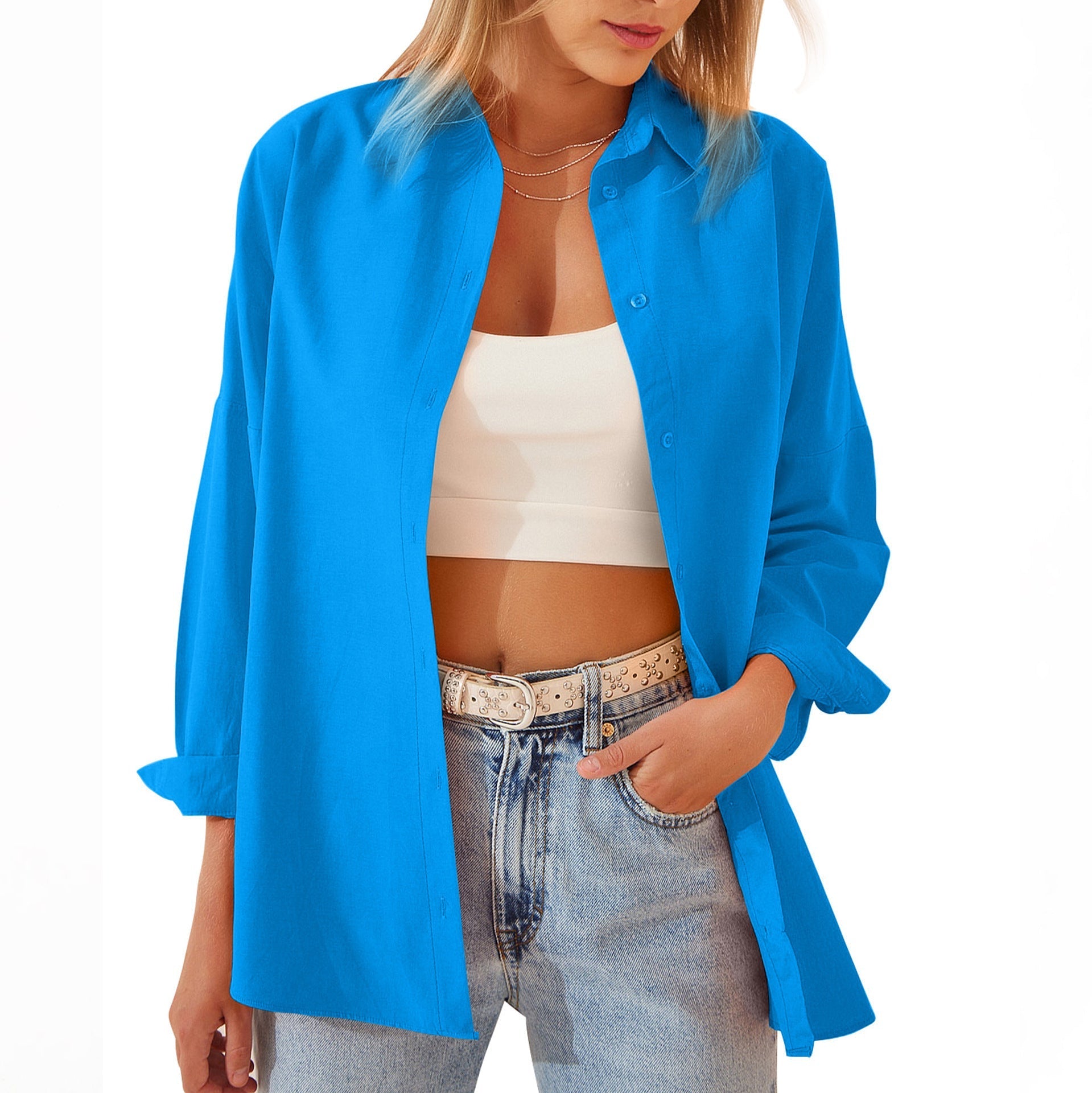 Women's Oversized Button-Down Shirt with Rolled Sleeves – Casual Long Sleeve Top in Lightweight Cotton-Blend 2