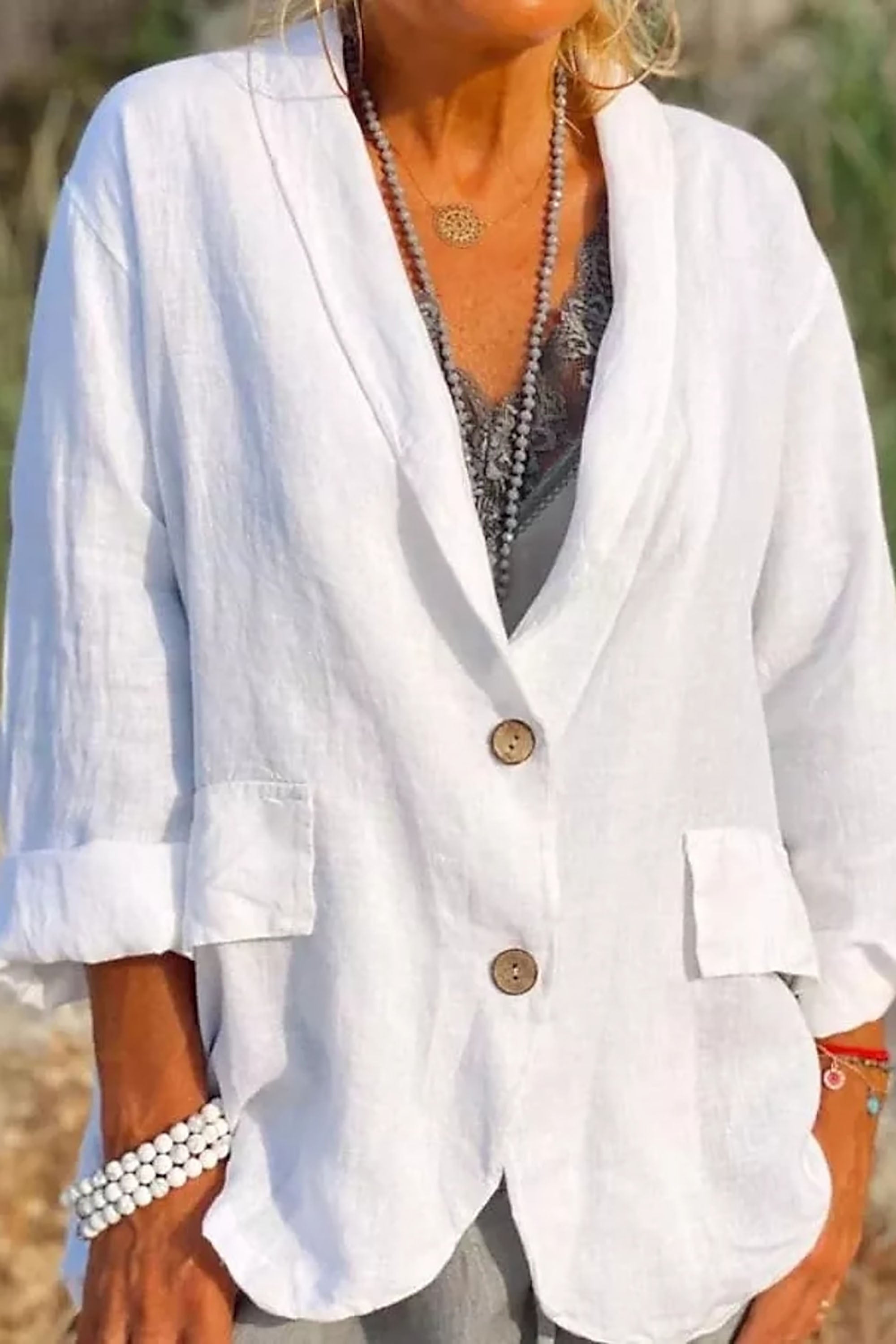 Women's Relaxed Fit Linen Jacket with V-Neck and 3/4 Sleeves – Casual Hip Length Outerwear 0