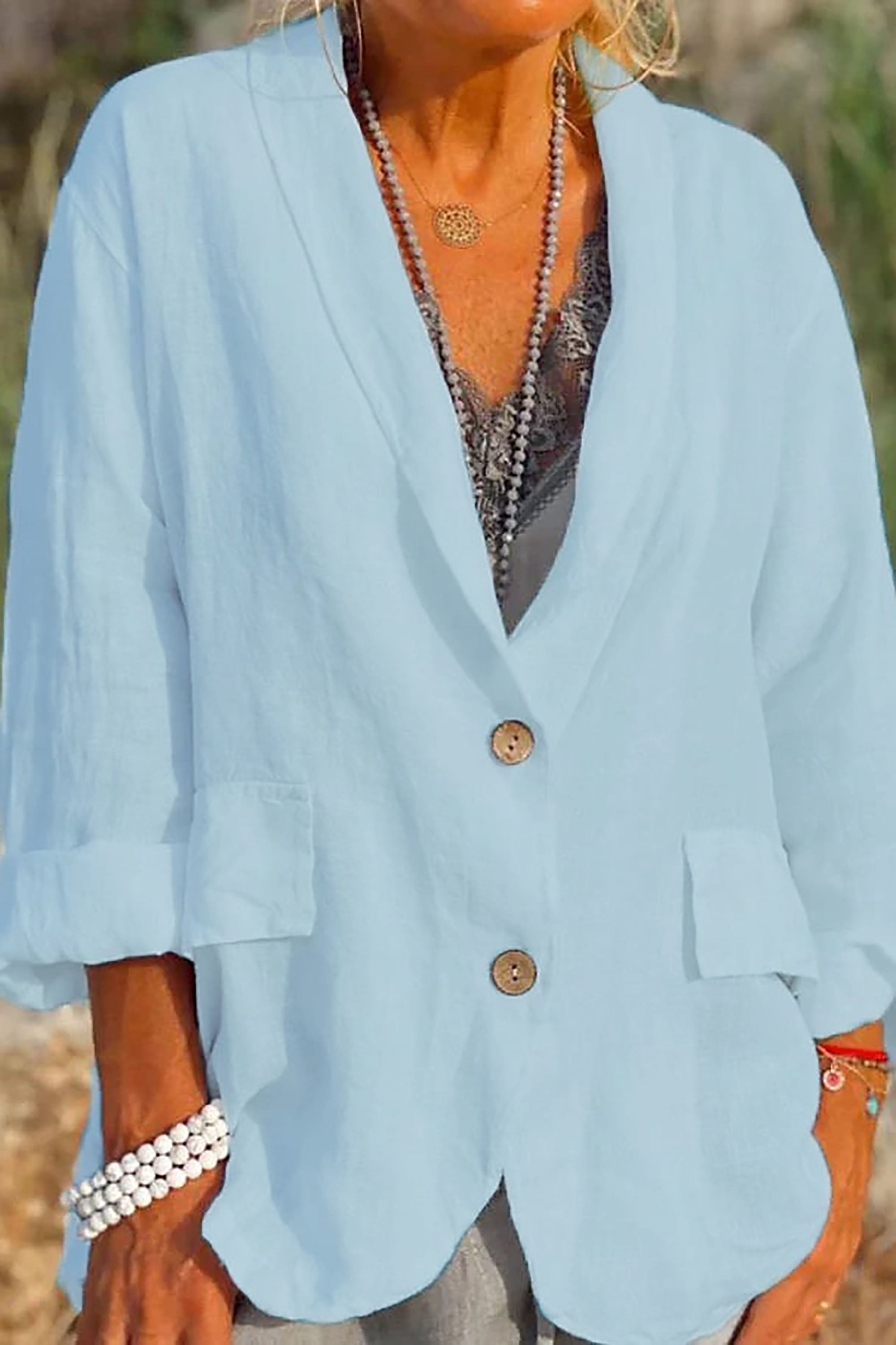 Women's Relaxed Fit Linen Jacket with V-Neck and 3/4 Sleeves – Casual Hip Length Outerwear 1
