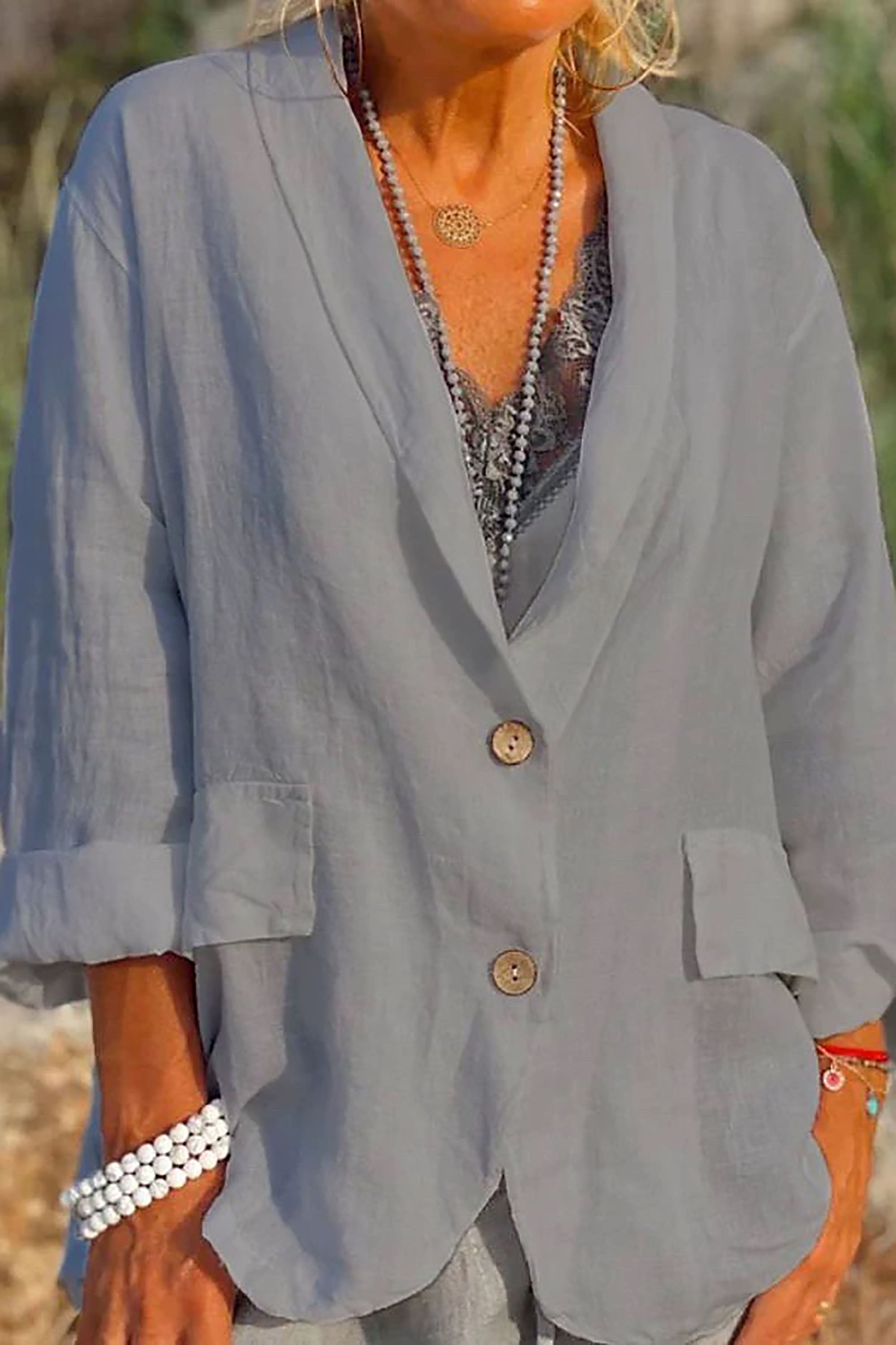 Women's Relaxed Fit Linen Jacket with V-Neck and 3/4 Sleeves – Casual Hip Length Outerwear 3