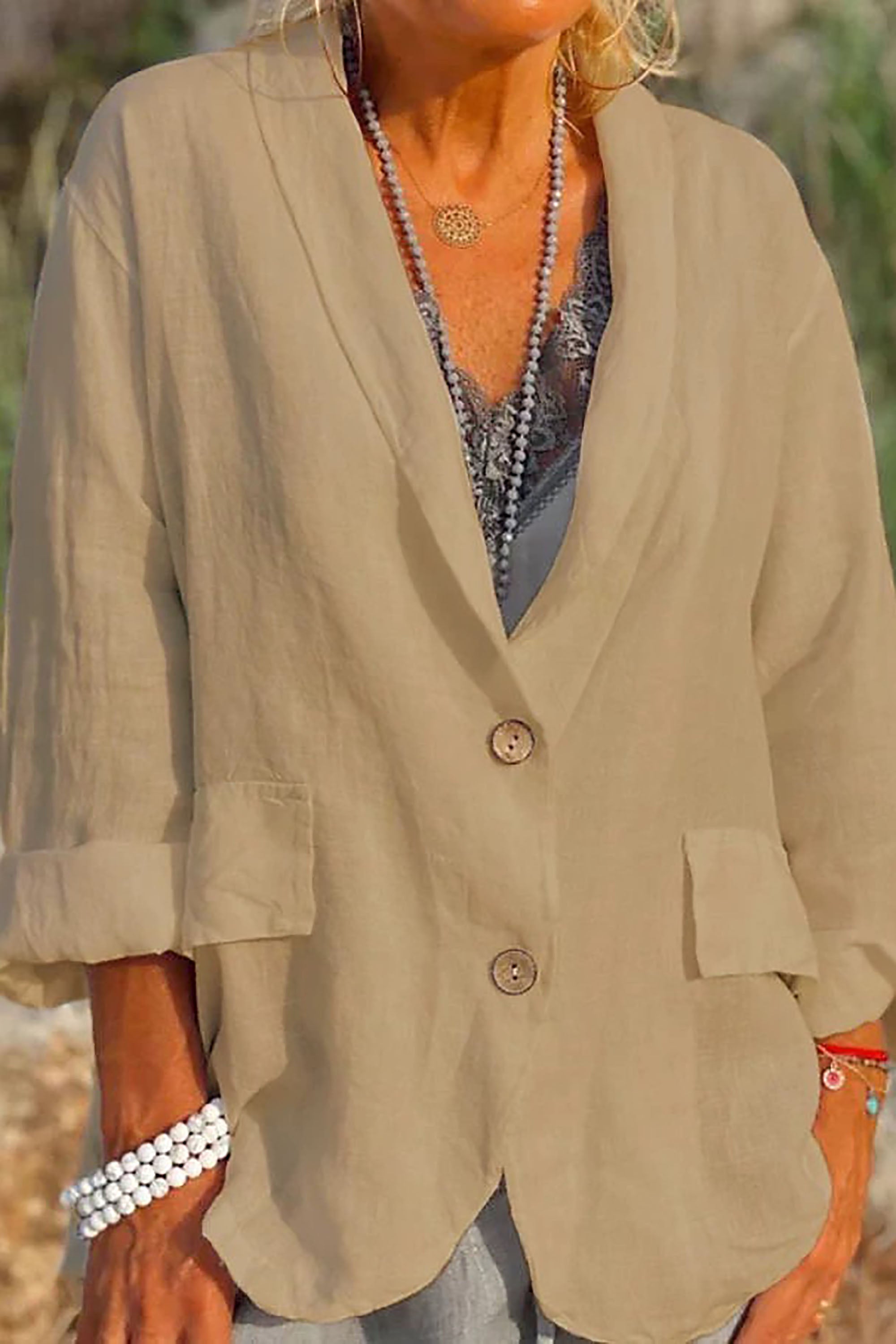 Women's Relaxed Fit Linen Jacket with V-Neck and 3/4 Sleeves – Casual Hip Length Outerwear 4