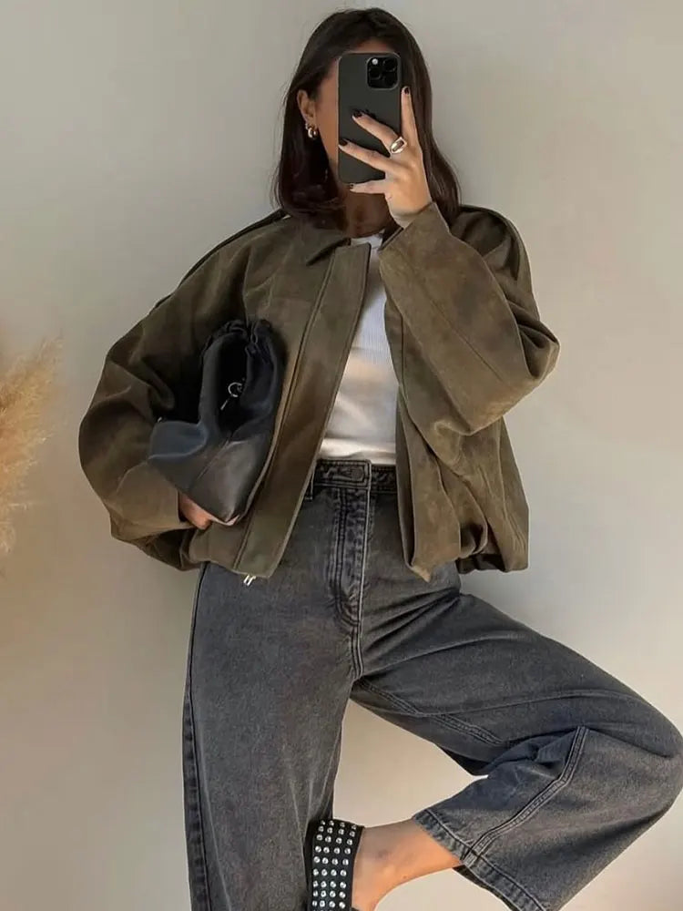 Women's Suede Bomber Jacket in Brown Green – Casual Loose Fit with Long Sleeves and Zipper Closure 0