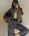 Women's Suede Bomber Jacket in Brown Green – Casual Loose Fit with Long Sleeves and Zipper Closure 0