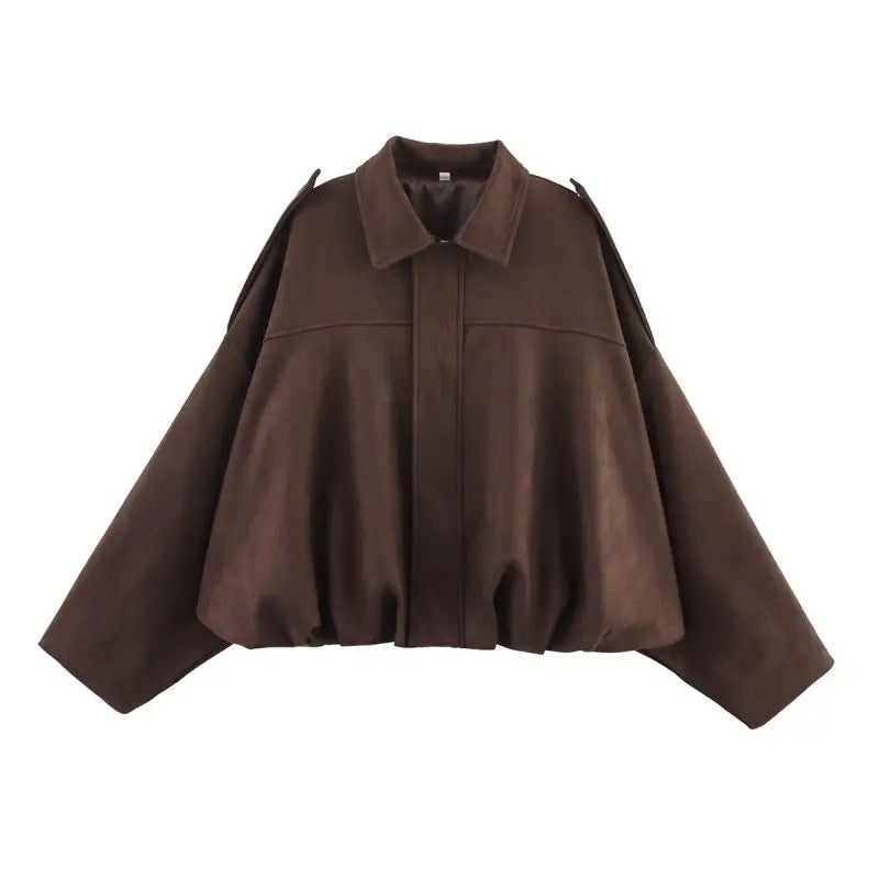 Women&#39;s Suede Bomber Jacket in Brown Green – Casual Loose Fit with Long Sleeves and Zipper Closure 10