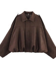 Women's Suede Bomber Jacket in Brown Green – Casual Loose Fit with Long Sleeves and Zipper Closure 10