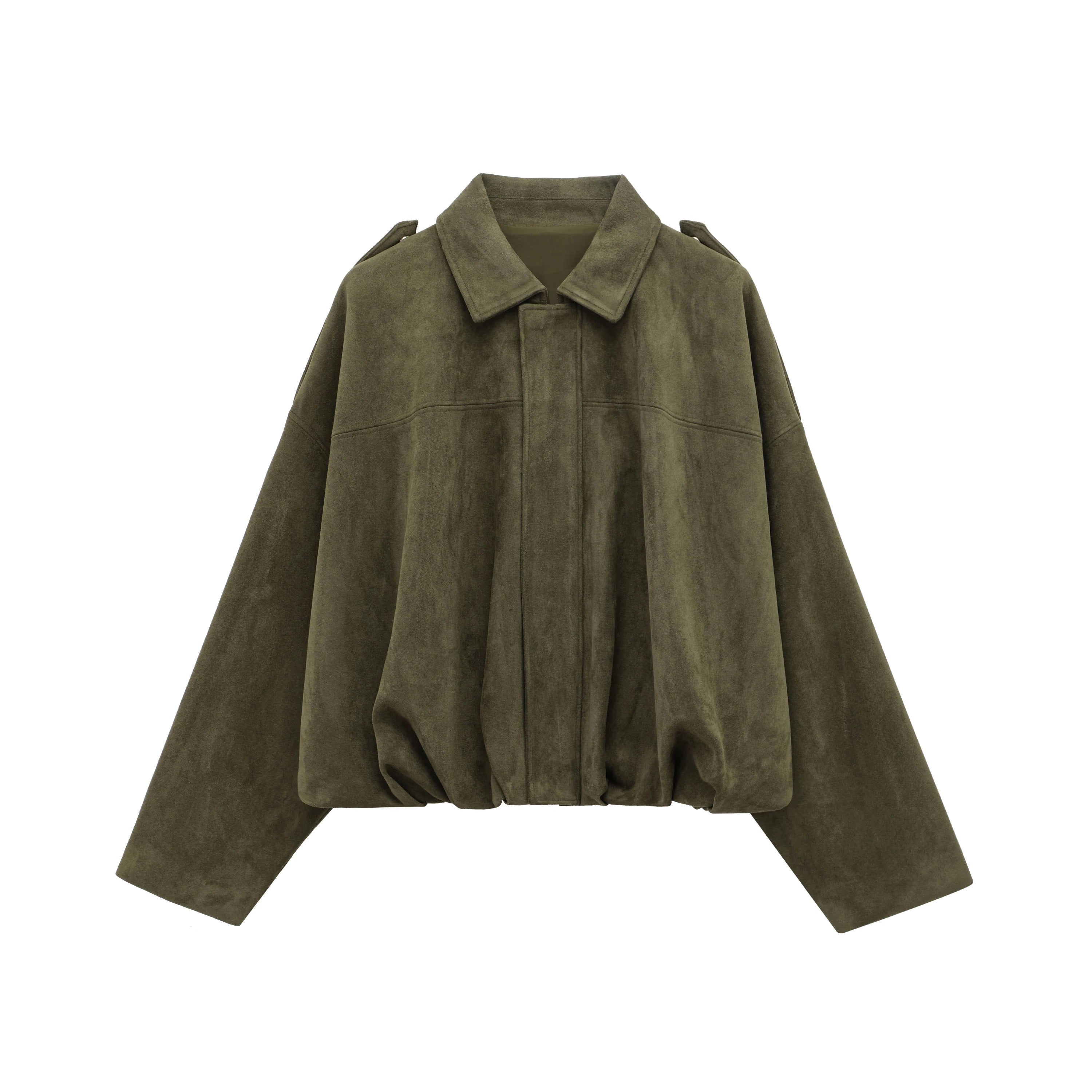 Women&#39;s Suede Bomber Jacket in Brown Green – Casual Loose Fit with Long Sleeves and Zipper Closure 11