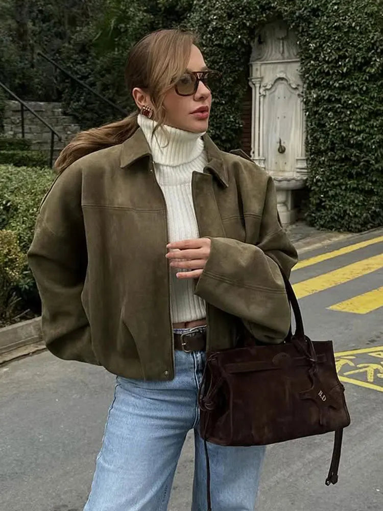 Women's Suede Bomber Jacket in Brown Green – Casual Loose Fit with Long Sleeves and Zipper Closure 2