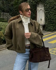 Women's Suede Bomber Jacket in Brown Green – Casual Loose Fit with Long Sleeves and Zipper Closure 2