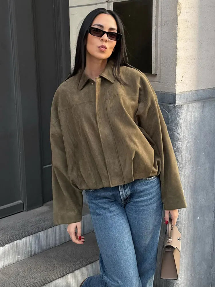 Women's Suede Bomber Jacket in Brown Green – Casual Loose Fit with Long Sleeves and Zipper Closure 3