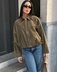 Women's Suede Bomber Jacket in Brown Green – Casual Loose Fit with Long Sleeves and Zipper Closure 3