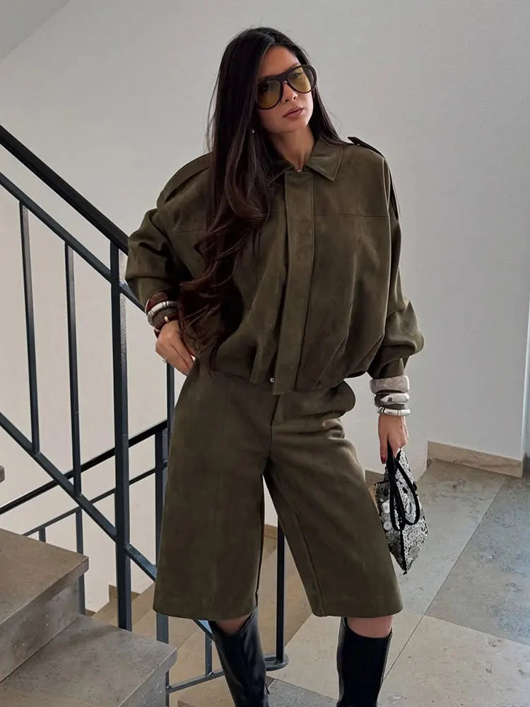 Women's Suede Bomber Jacket in Brown Green – Casual Loose Fit with Long Sleeves and Zipper Closure 4