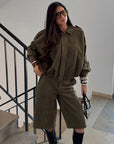 Women's Suede Bomber Jacket in Brown Green – Casual Loose Fit with Long Sleeves and Zipper Closure 4