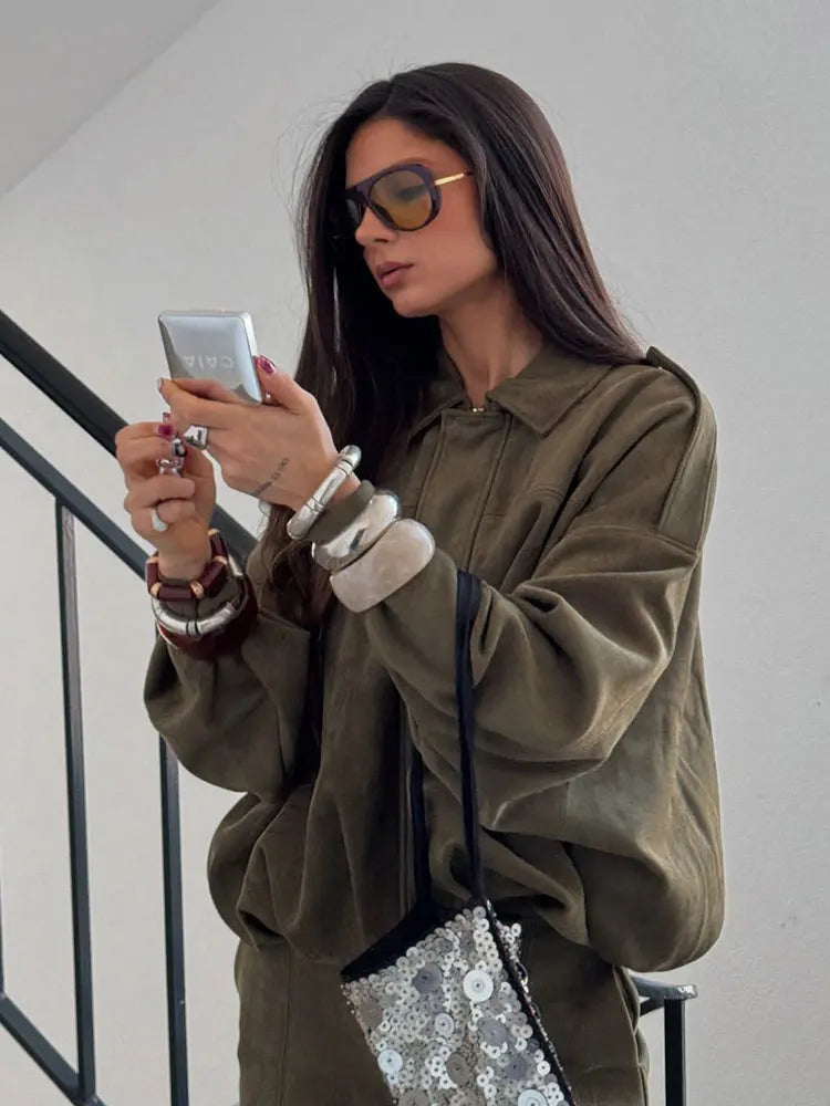 Women's Suede Bomber Jacket in Brown Green – Casual Loose Fit with Long Sleeves and Zipper Closure 5