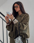 Women's Suede Bomber Jacket in Brown Green – Casual Loose Fit with Long Sleeves and Zipper Closure 5