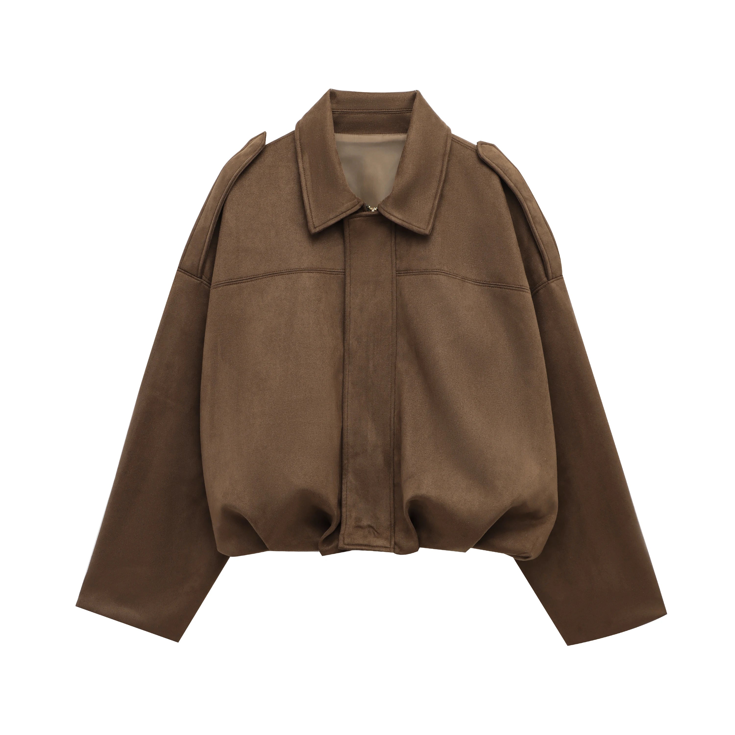 Women&#39;s Suede Bomber Jacket in Brown Green – Casual Loose Fit with Long Sleeves and Zipper Closure 7