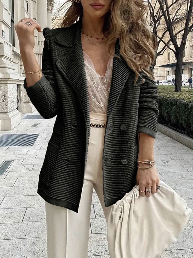 Women’s Tailored Double-Breasted Jacket with Ribbed Texture and Lapel Collar 0