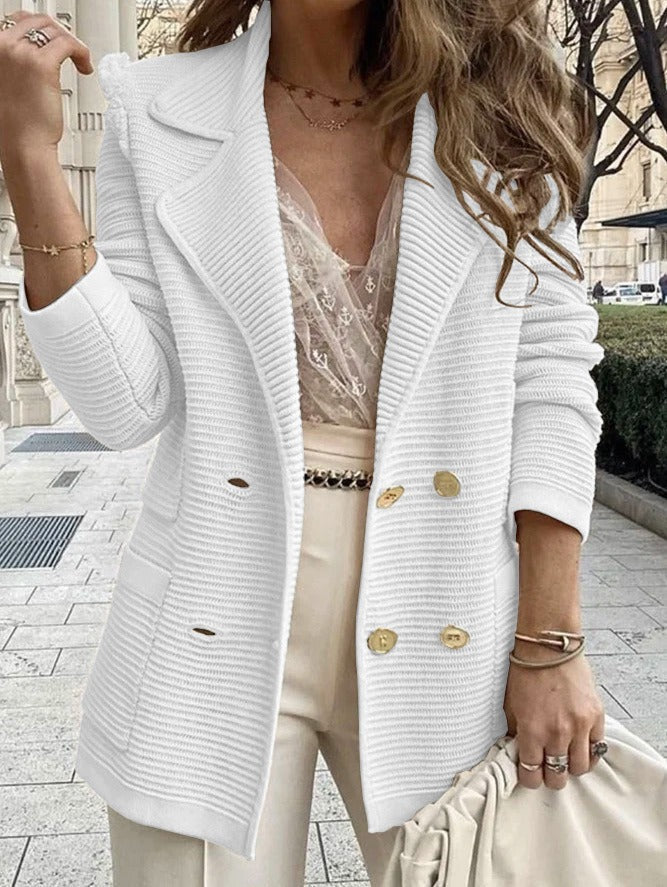 Women’s Tailored Double-Breasted Jacket with Ribbed Texture and Lapel Collar 1
