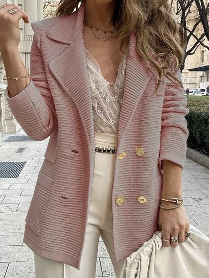 Women’s Tailored Double-Breasted Jacket with Ribbed Texture and Lapel Collar 3