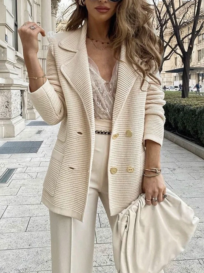Women’s Tailored Double-Breasted Jacket with Ribbed Texture and Lapel Collar 4