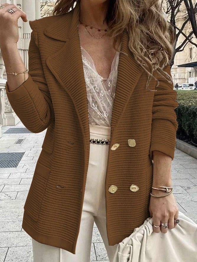 Women’s Tailored Double-Breasted Jacket with Ribbed Texture and Lapel Collar 5