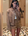 Women's Vintage Suede Short Jacket with Zipper Pockets – Casual Loose Fit for Spring and Autumn 5