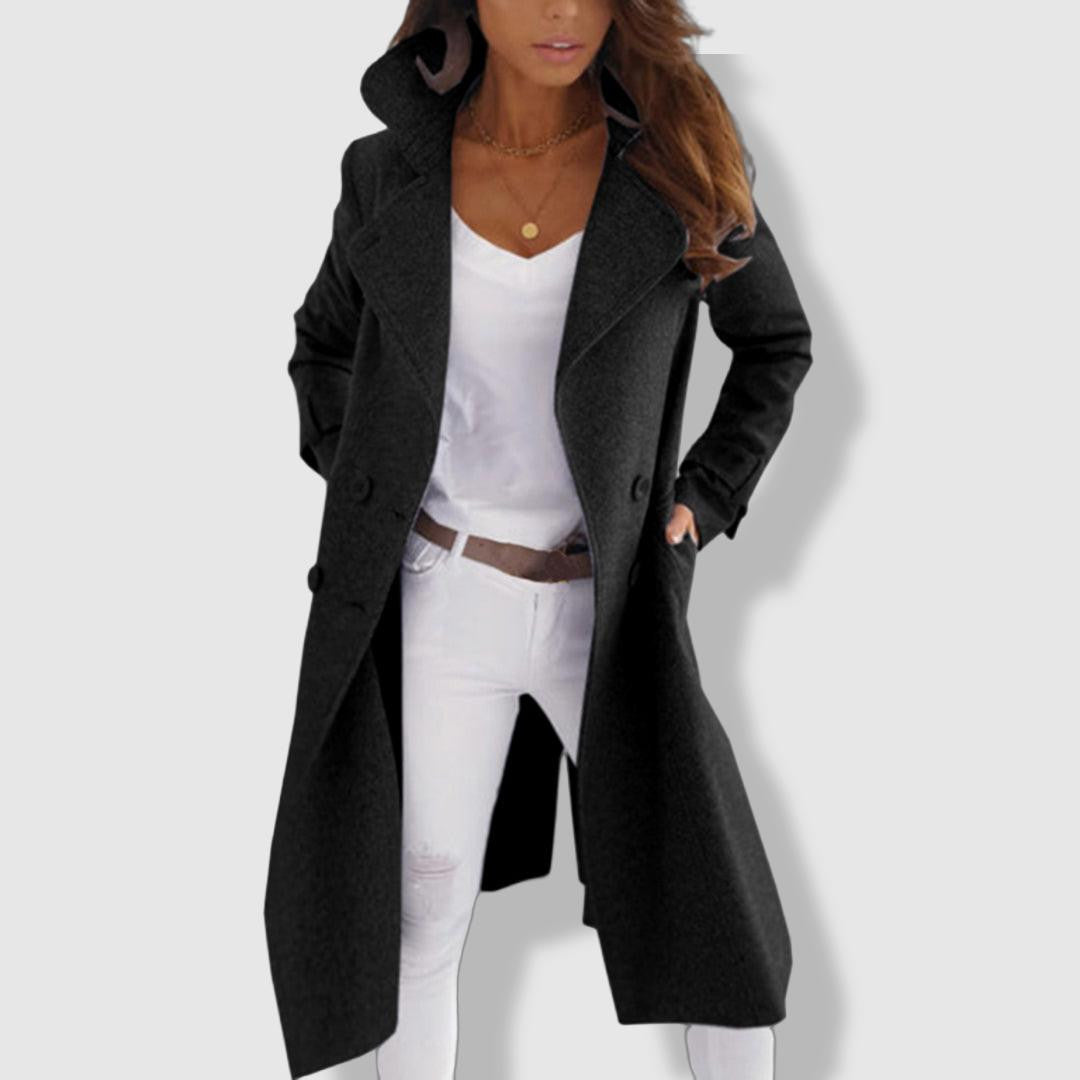 Women's Wool Blend Double-Breasted Trench Coat with Wide Lapel – Elegant Longline Fit 0