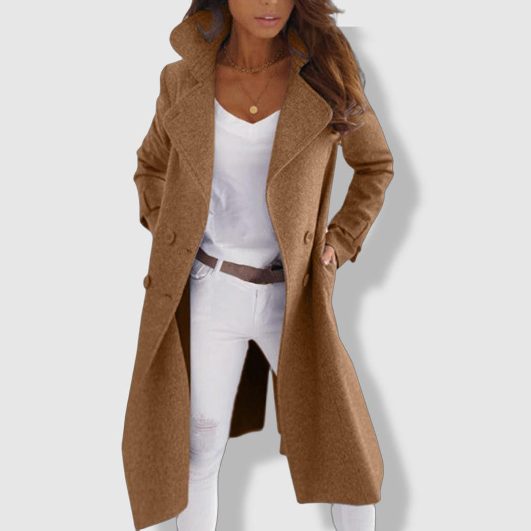 Women's Wool Blend Double-Breasted Trench Coat with Wide Lapel – Elegant Longline Fit 1