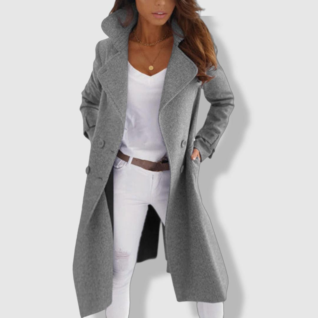 Women's Wool Blend Double-Breasted Trench Coat with Wide Lapel – Elegant Longline Fit 2