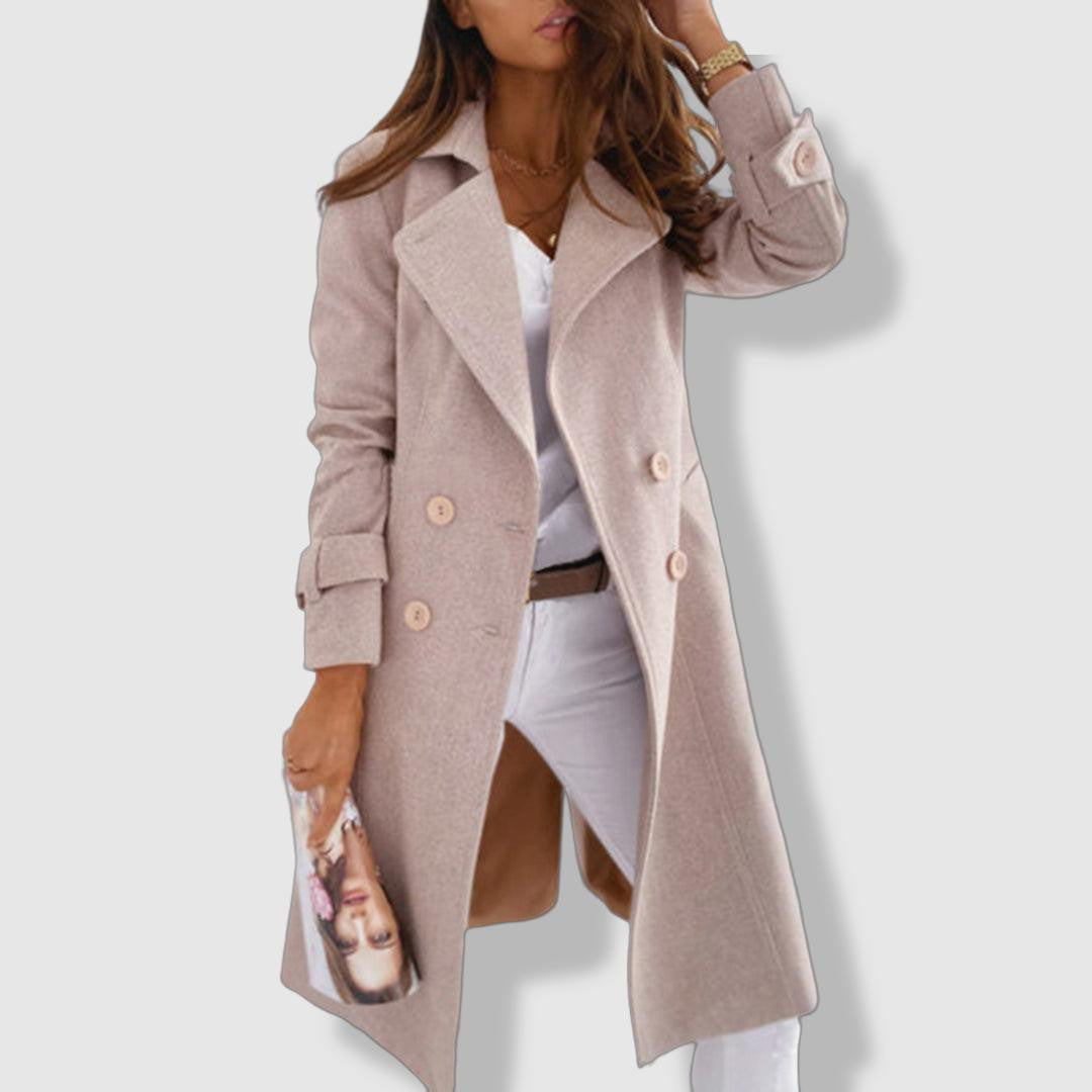 Women's Wool Blend Double-Breasted Trench Coat with Wide Lapel – Elegant Longline Fit 3