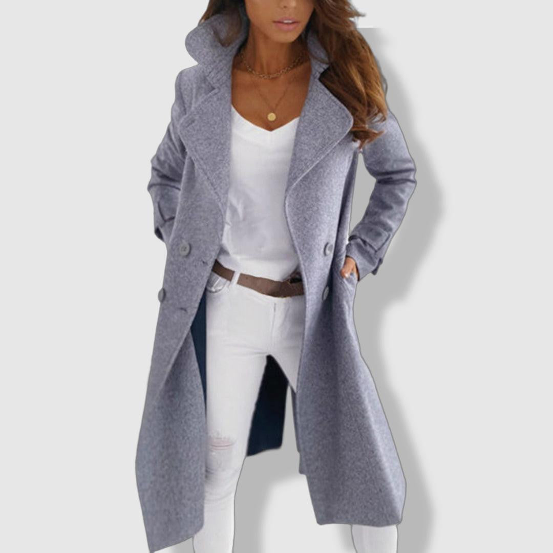Women's Wool Blend Double-Breasted Trench Coat with Wide Lapel – Elegant Longline Fit 4