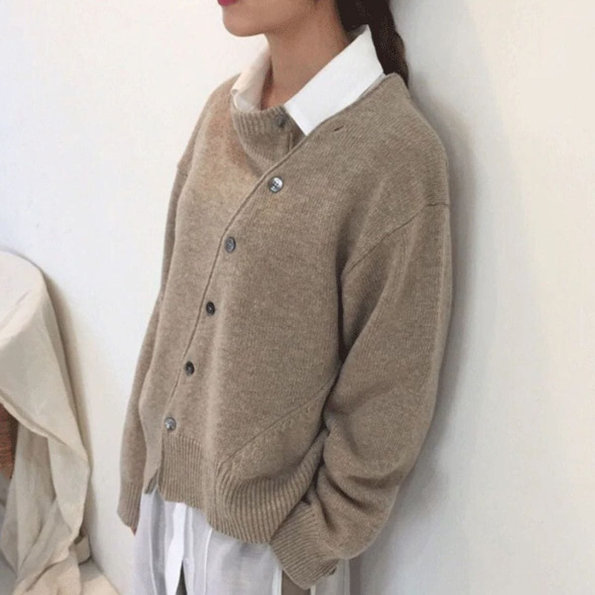 Women's Wool Blend Knit Jacket with Asymmetrical Button Front – Relaxed Fit Winter Coat 0
