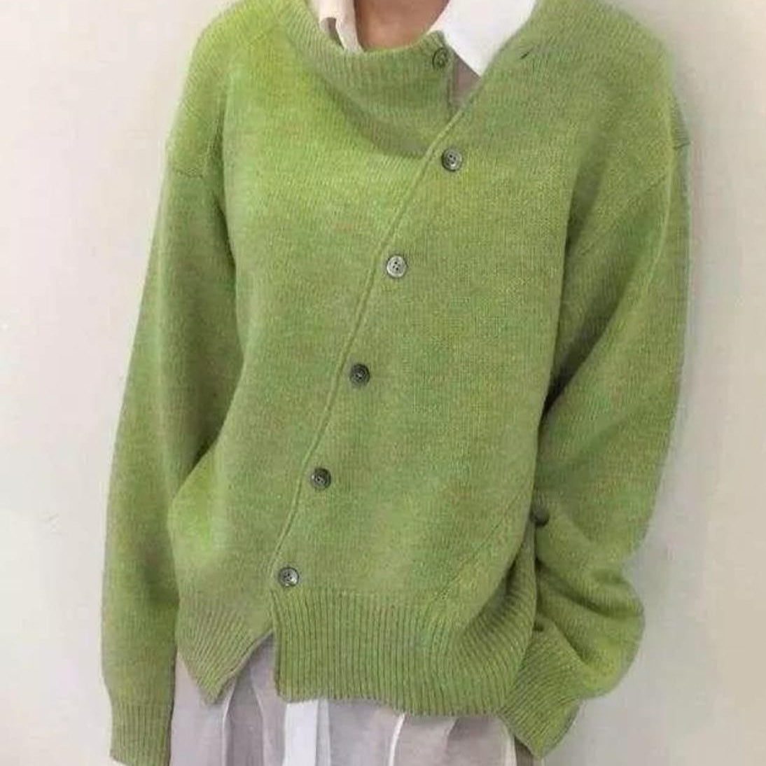 Women's Wool Blend Knit Jacket with Asymmetrical Button Front – Relaxed Fit Winter Coat 1