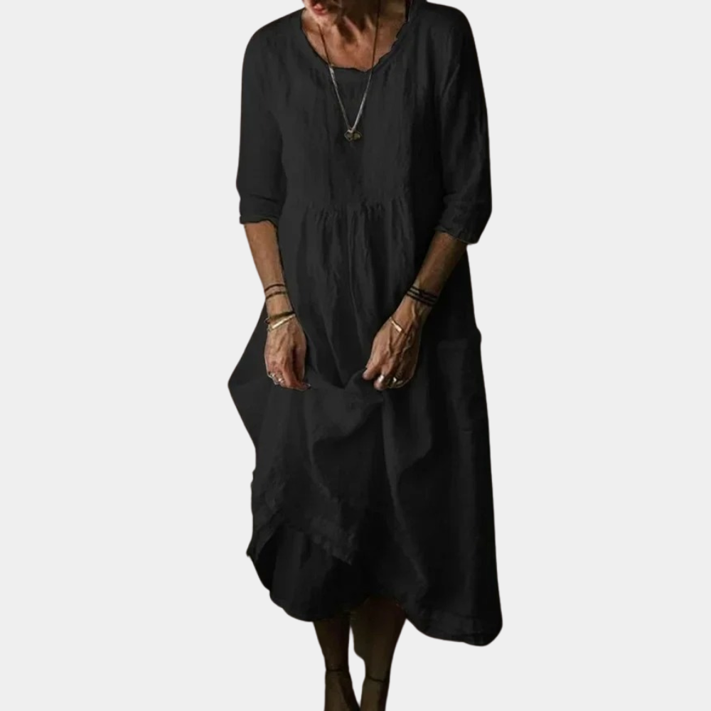Womens Vintage Midi Dress with Elbow Sleeves in Cotton-Linen Blend 0