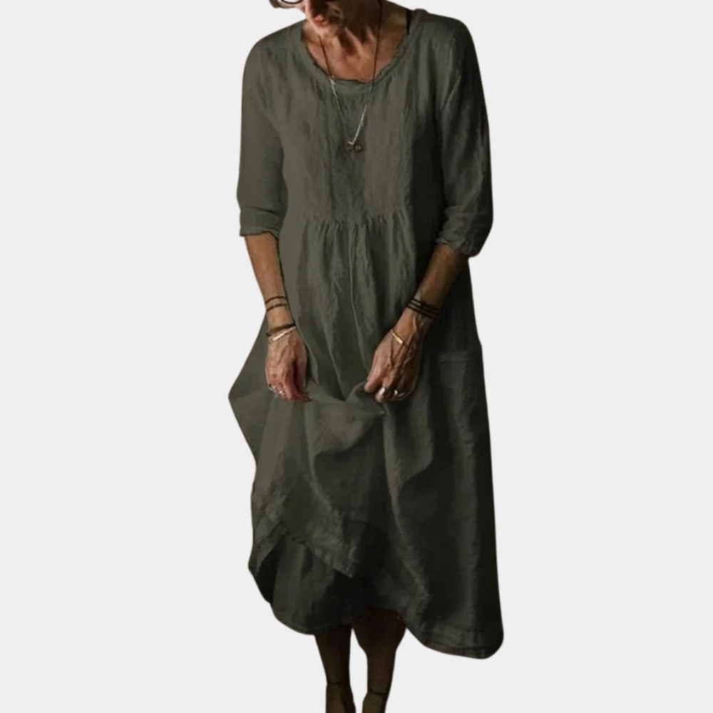Womens Vintage Midi Dress with Elbow Sleeves in Cotton-Linen Blend 2