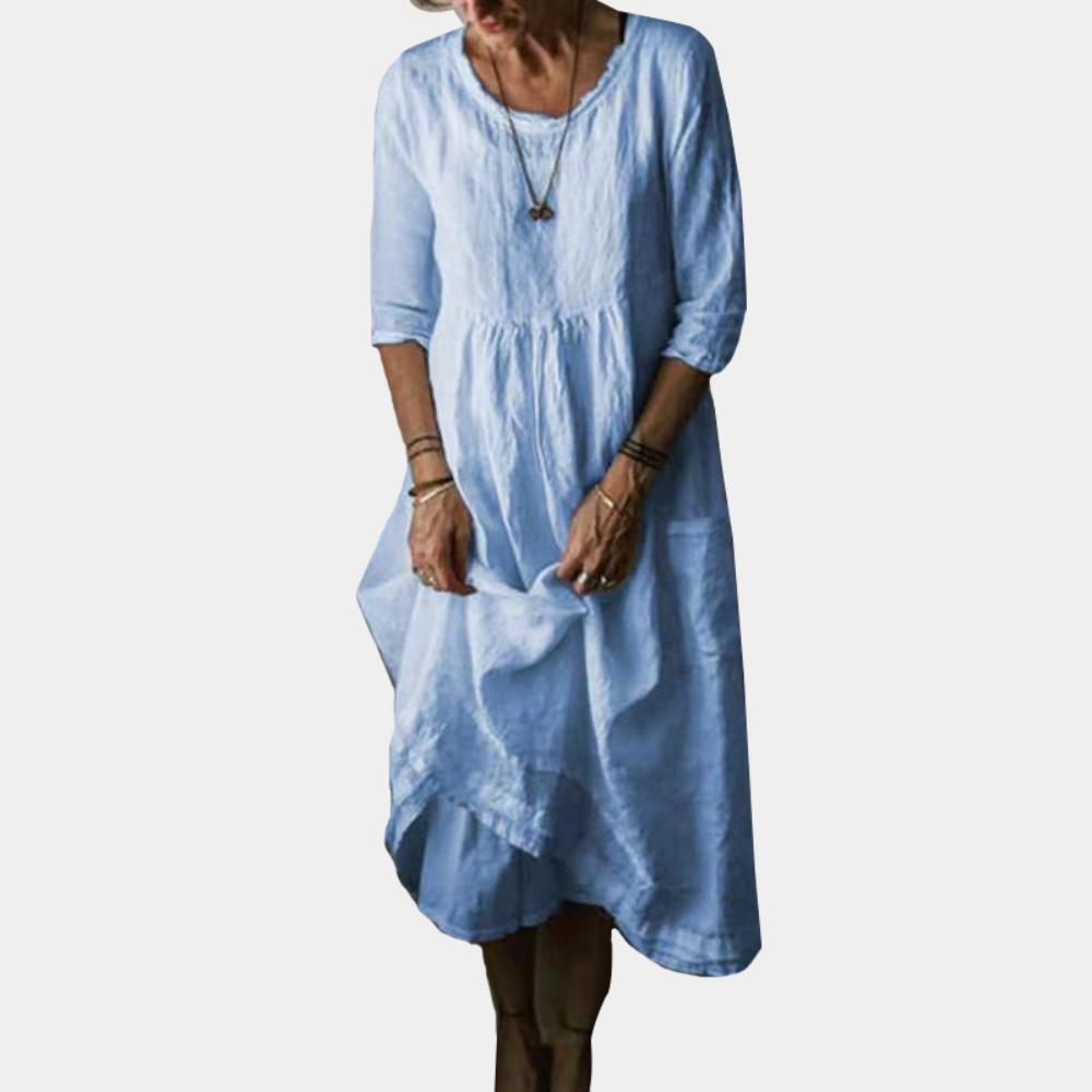 Womens Vintage Midi Dress with Elbow Sleeves in Cotton-Linen Blend 3