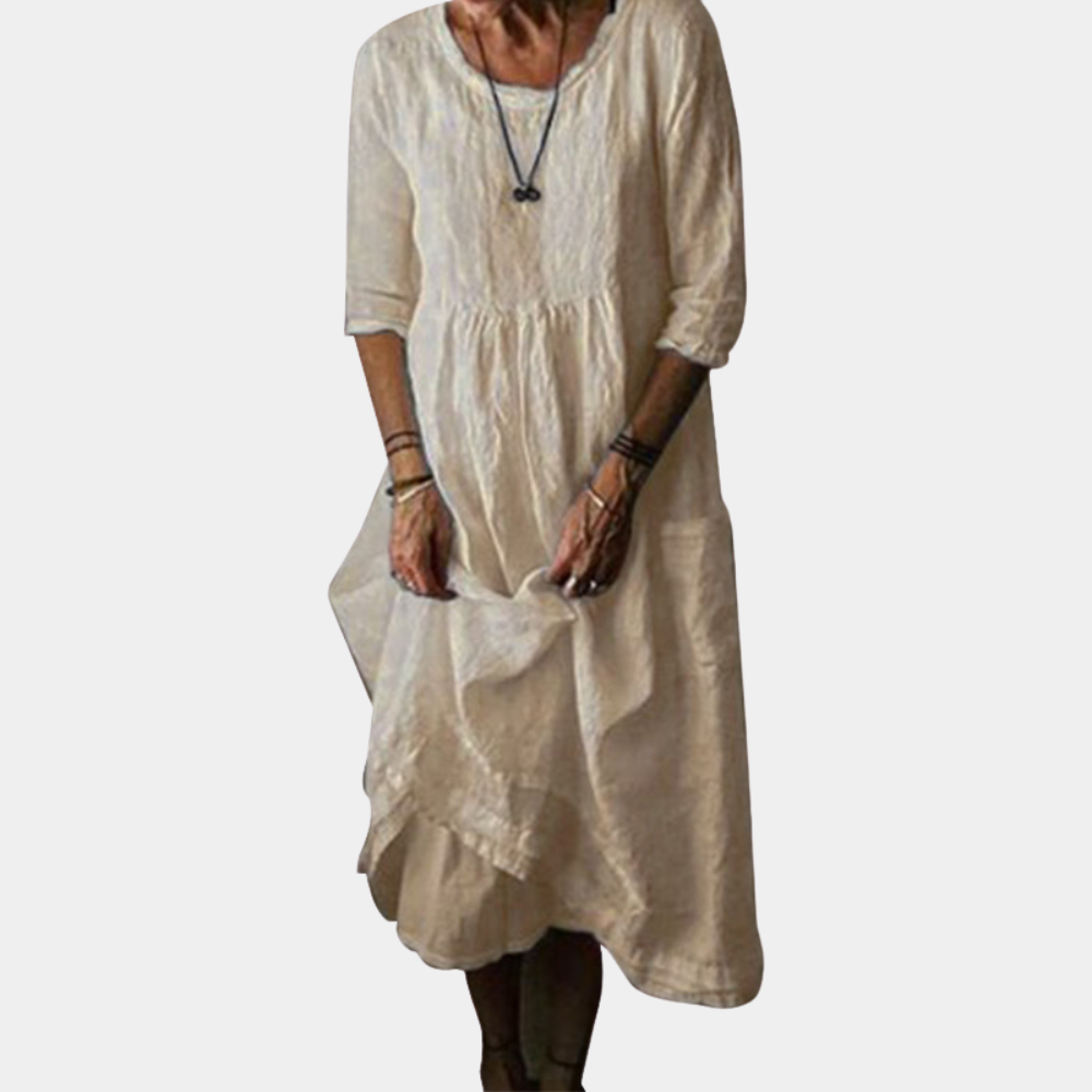 Womens Vintage Midi Dress with Elbow Sleeves in Cotton-Linen Blend 4