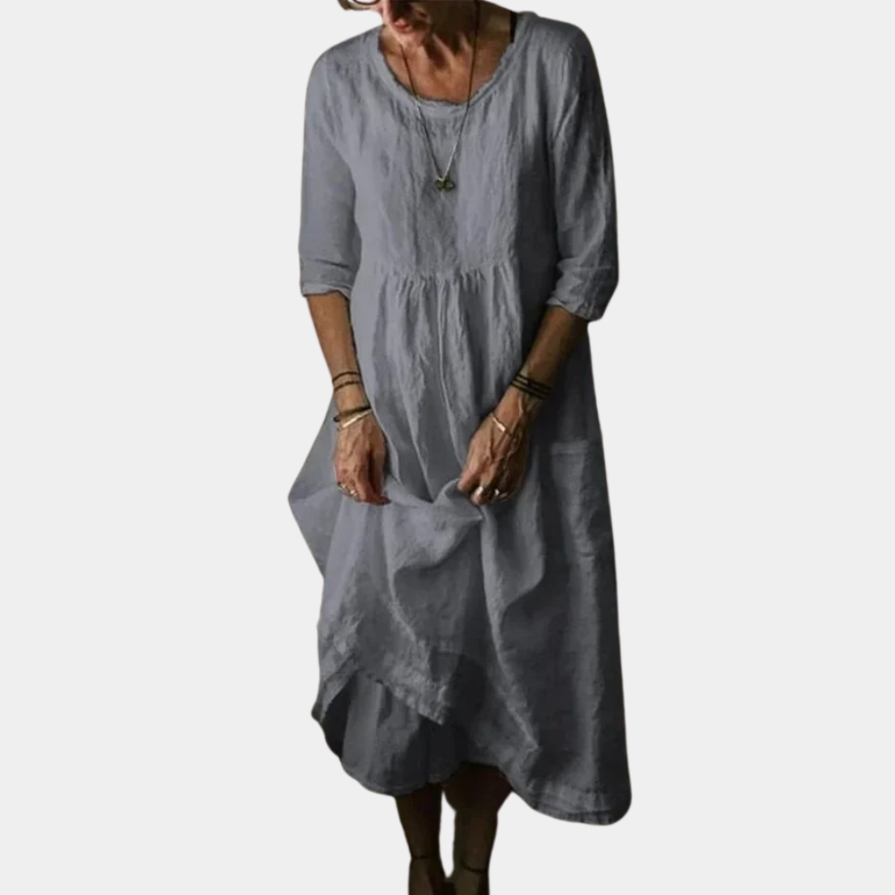 Womens Vintage Midi Dress with Elbow Sleeves in Cotton-Linen Blend 5