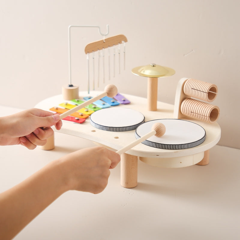 Wooden Music Table for Kids - Educational Musical Instrument with Drums, Xylophone, and Rattles 2