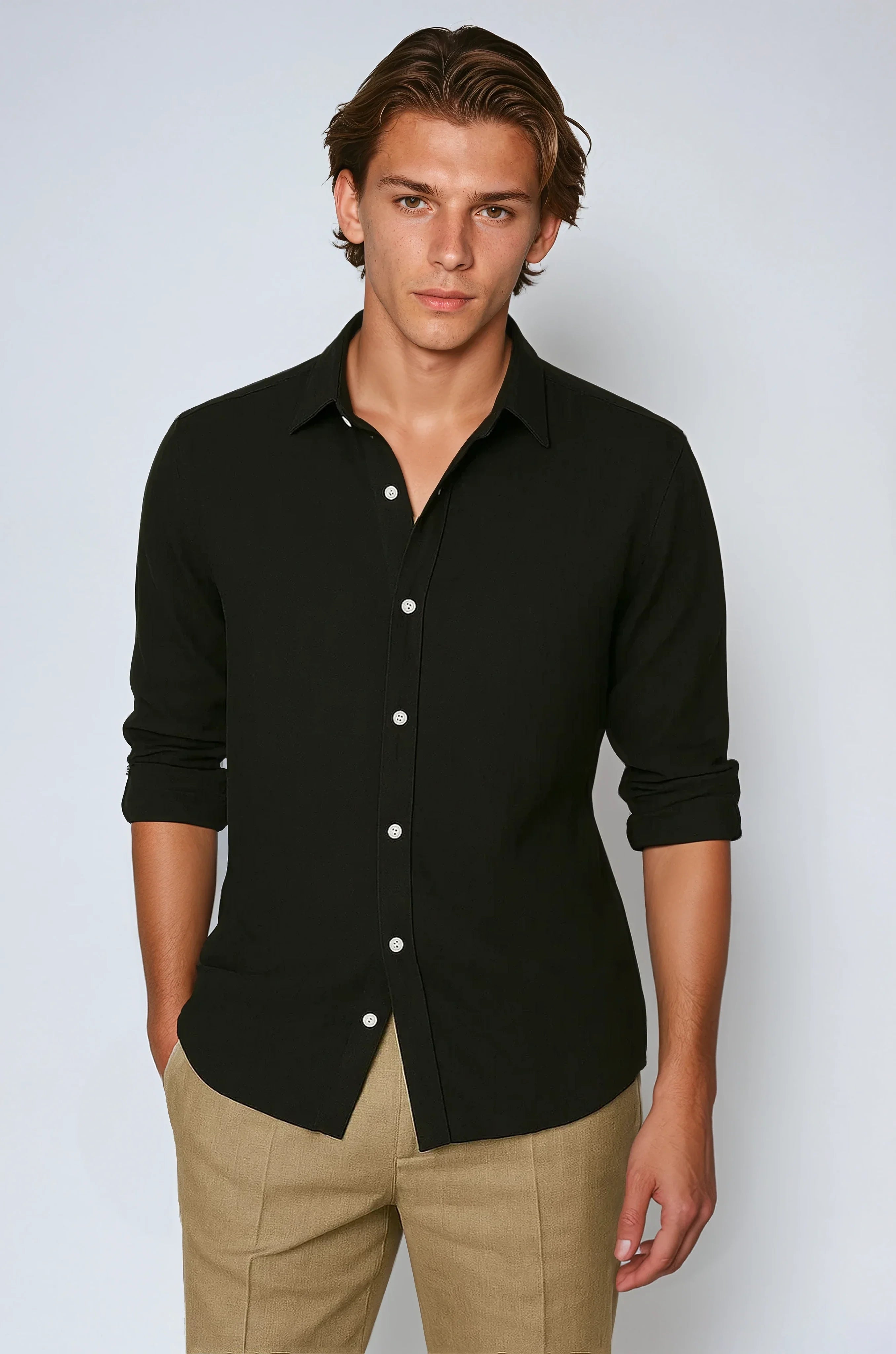 Ethan | Stylish Black Linen Button Down Shirt 1