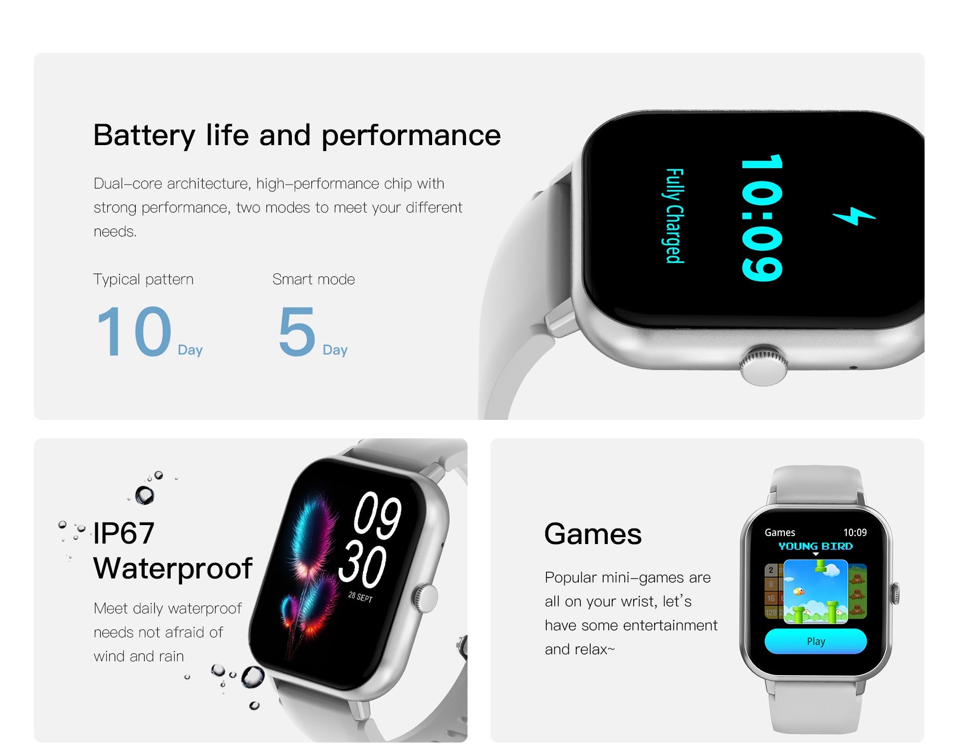 Fitness-Smartwatch mit Herzfrequenzmesser, 10 Sport-Tracking-Modi, schlankes, elegantes Design und Smartphone-Konnektivität